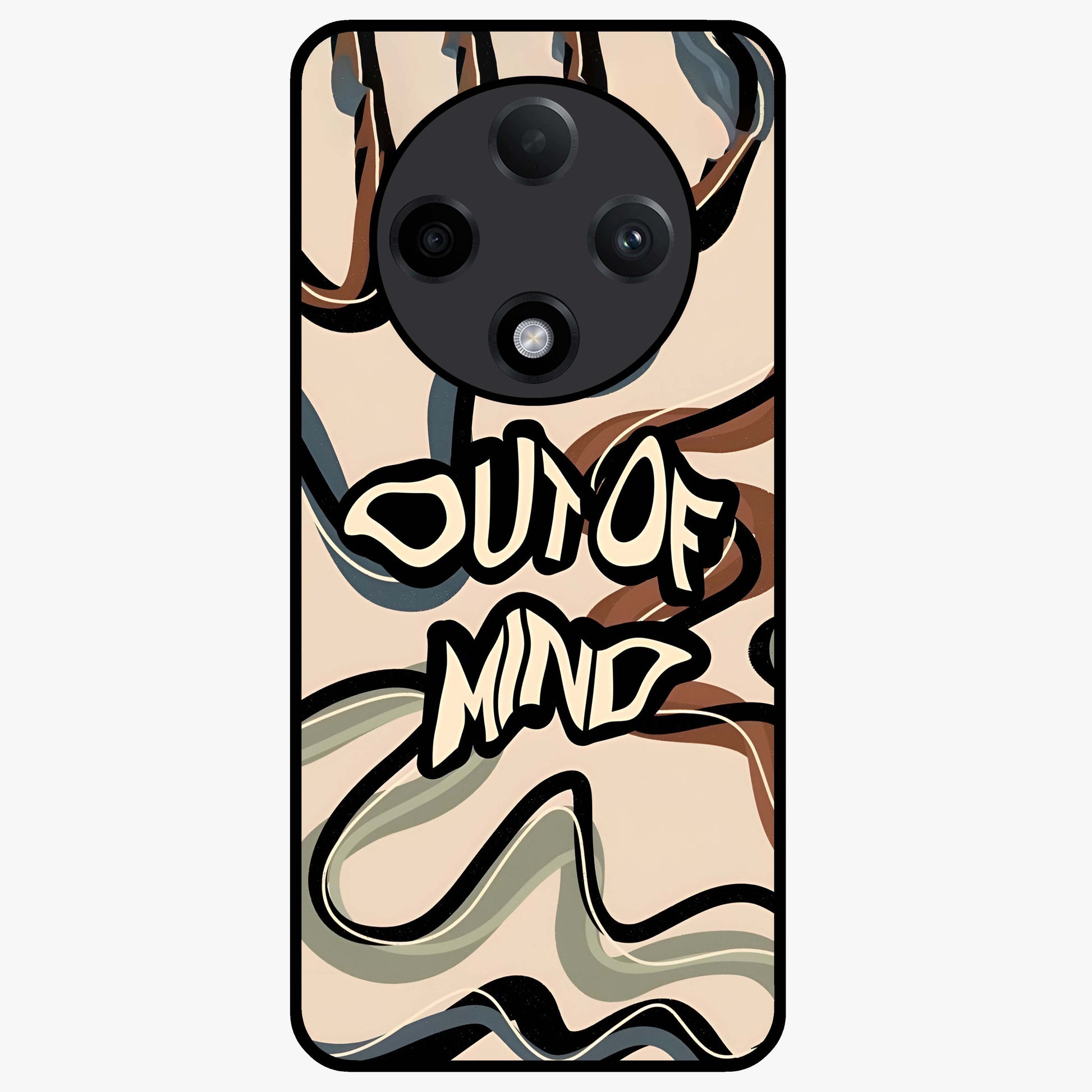Out Of Mind Glass Case showing flat back view with expressive typography artwork and glossy glass finish.