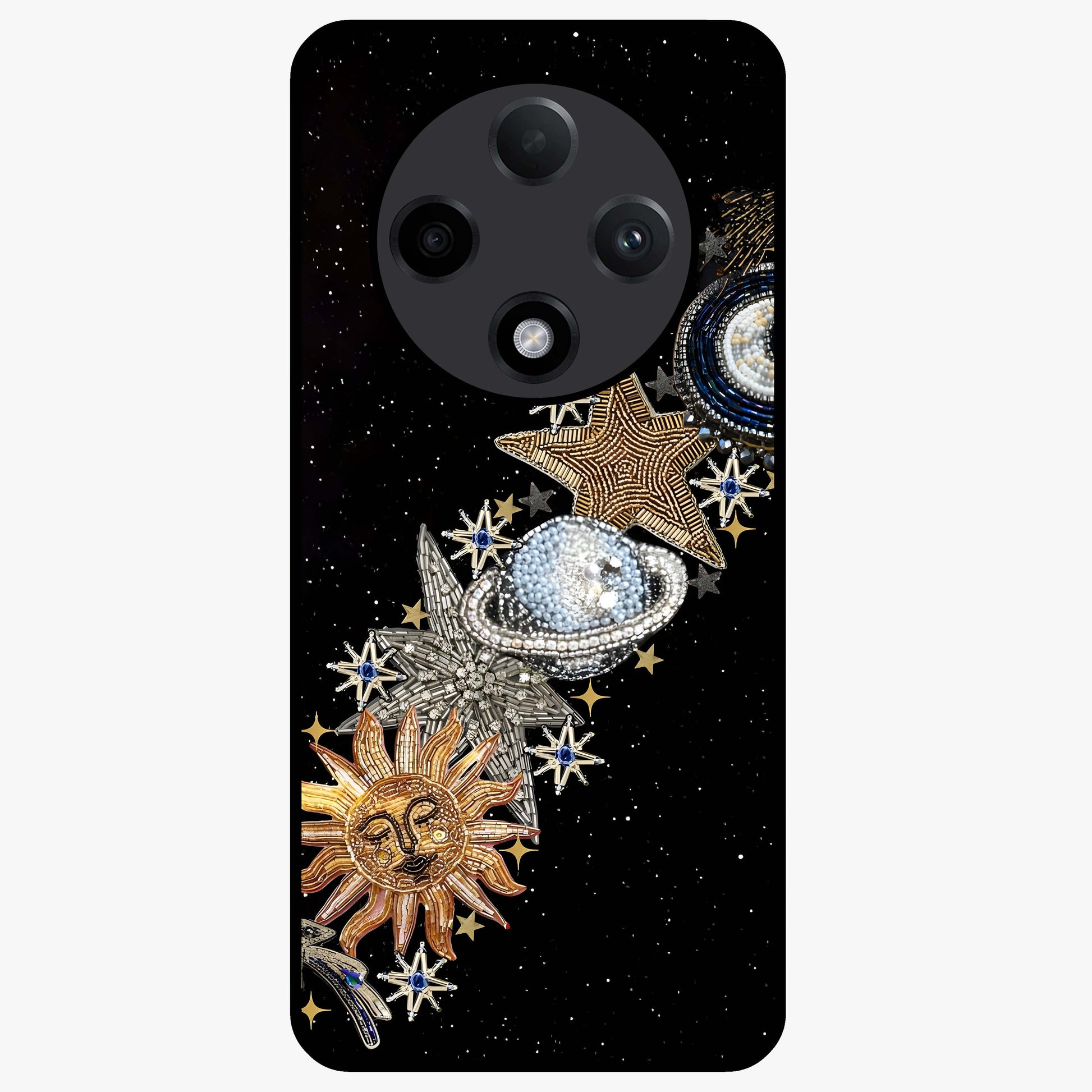 Pearls Universe Object Glass Case showing flat back view with pearl inspired cosmic artwork and glossy glass finish.