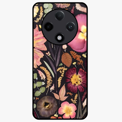 Petal Dream Tapestry Glass Case showing flat back view with intricate floral tapestry artwork and glossy glass finish.