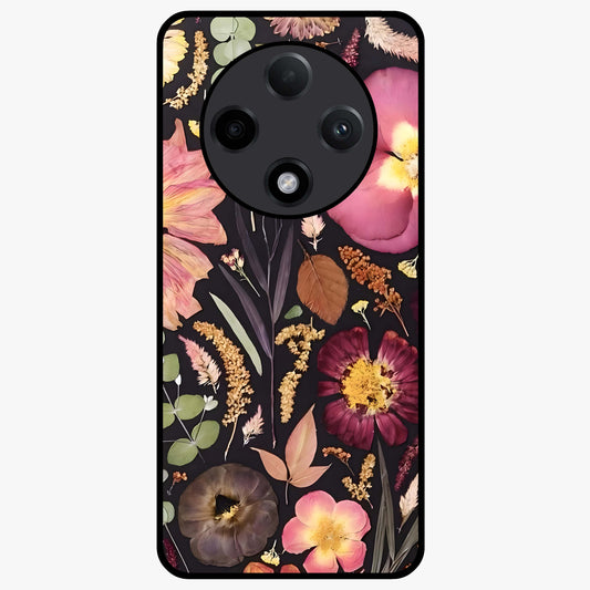 Petal Dream Tapestry Glass Case showing flat back view with intricate floral tapestry artwork and glossy glass finish.
