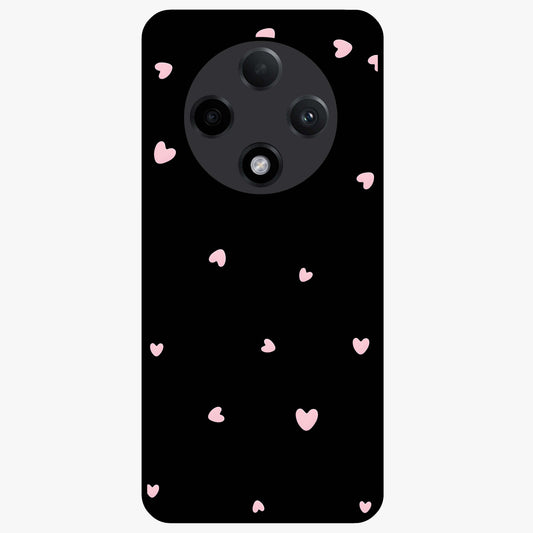 Pink Love Drops Glass Case showing flat back view with playful pink heart drops artwork and glossy glass finish.