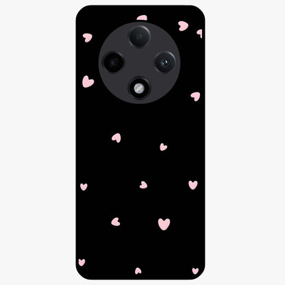 Pink Love Drops Glass Case showing flat back view with playful pink heart drops artwork and glossy glass finish.