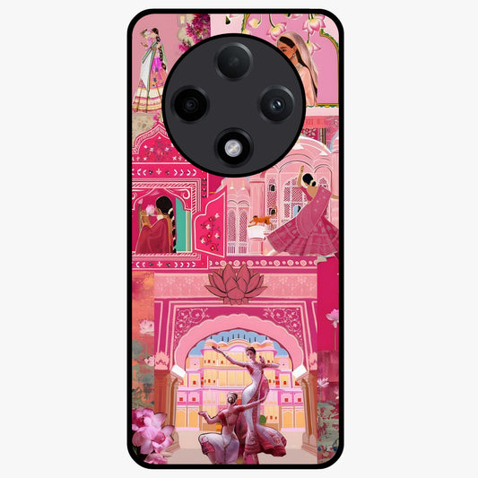 Pink Palace Muse Glass Case showing flat back view with elegant palace inspired artwork and glossy glass finish.