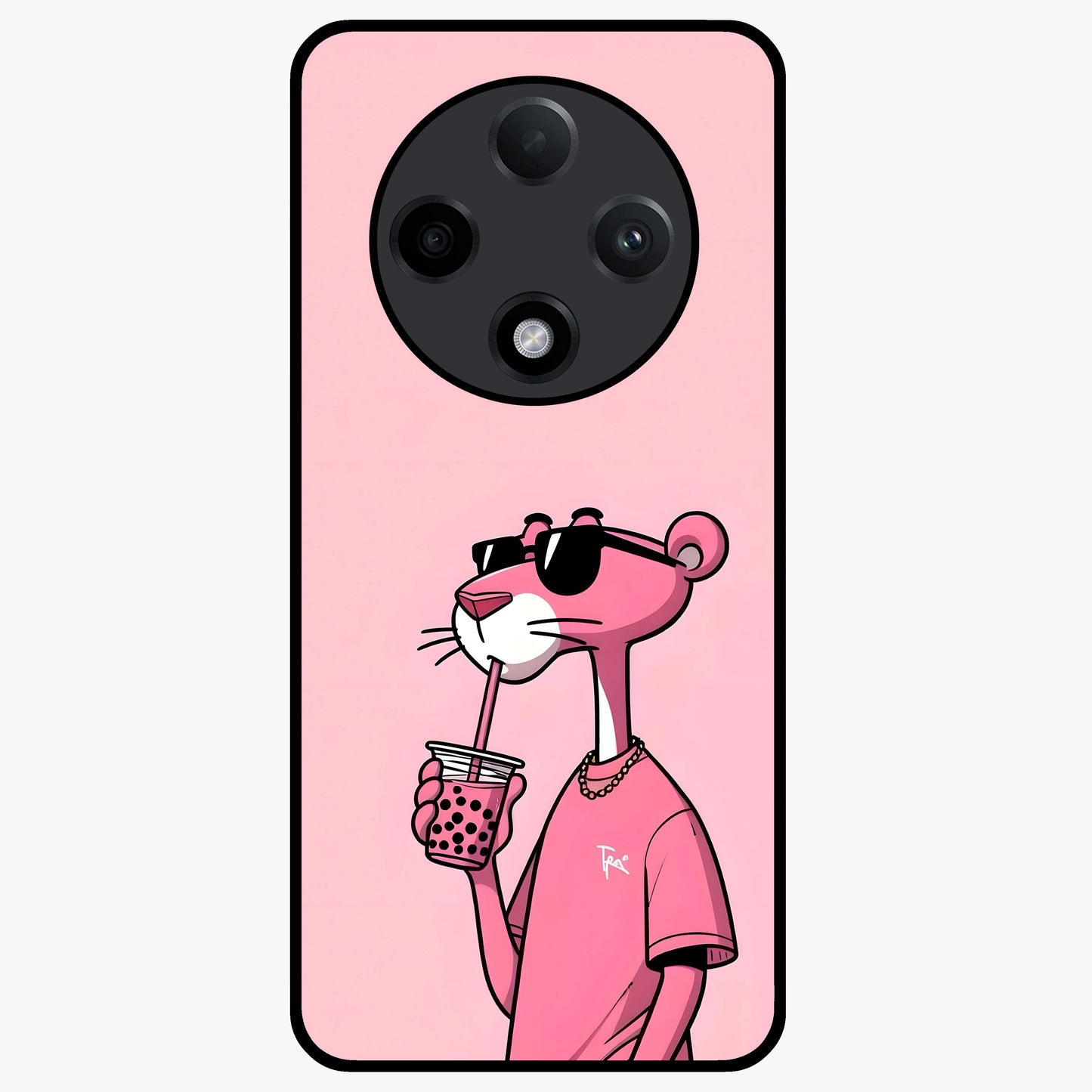 Pink Panther Glass Case showing flat back view with iconic pink panther artwork and glossy glass finish.
