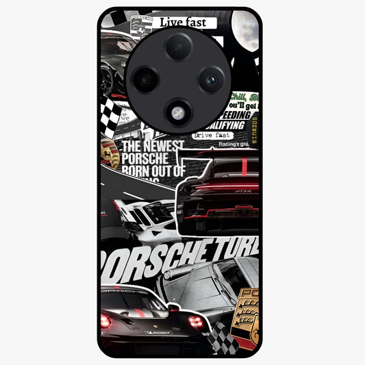 Porsche Racing Collage Glass Case showing flat back view with sports car racing collage artwork and glossy glass finish.