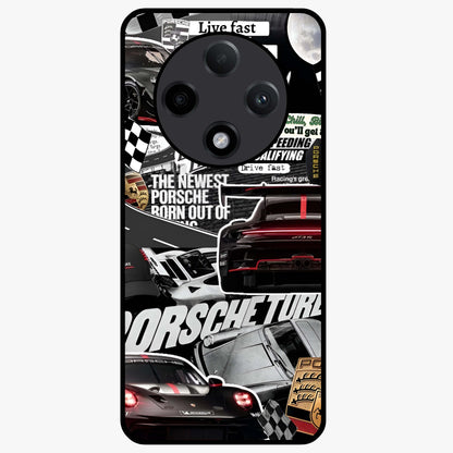 Porsche Racing Collage Glass Case showing flat back view with sports car racing collage artwork and glossy glass finish.