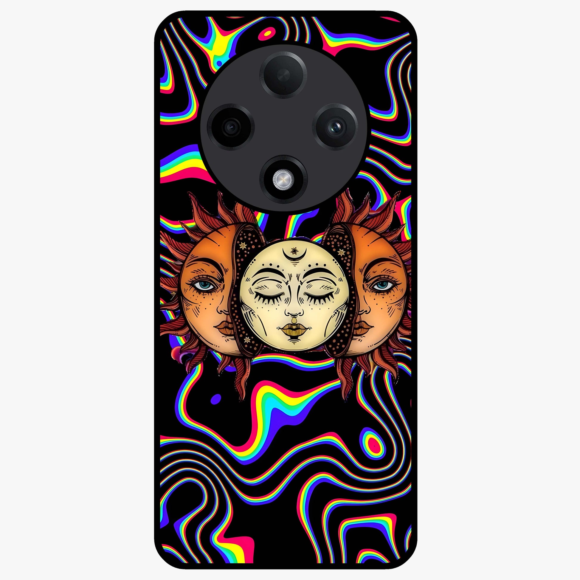 Psychedelic Sun Glass Case showing flat back view with colorful psychedelic sun artwork and glossy glass finish.