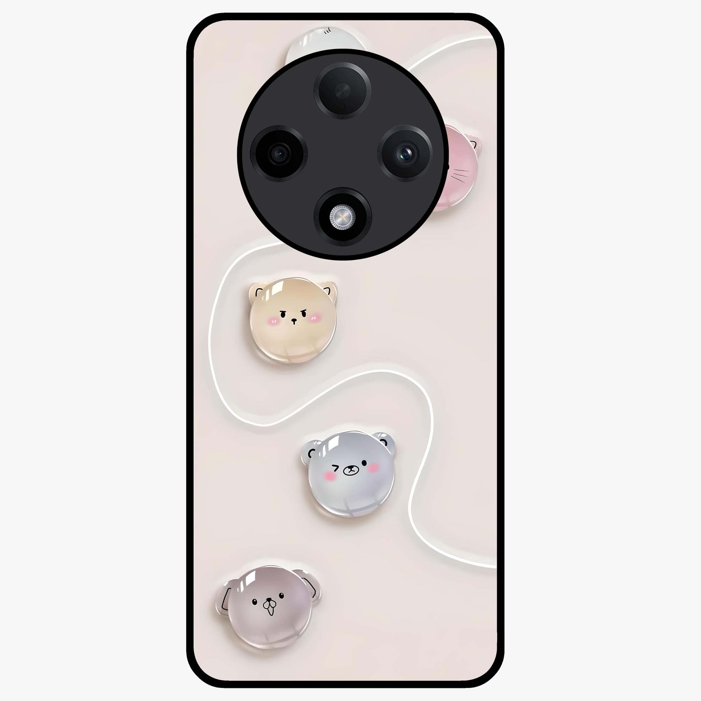 Puffy Face Parade Glass Case showing flat back view with cute puffy character faces artwork and glossy glass finish.