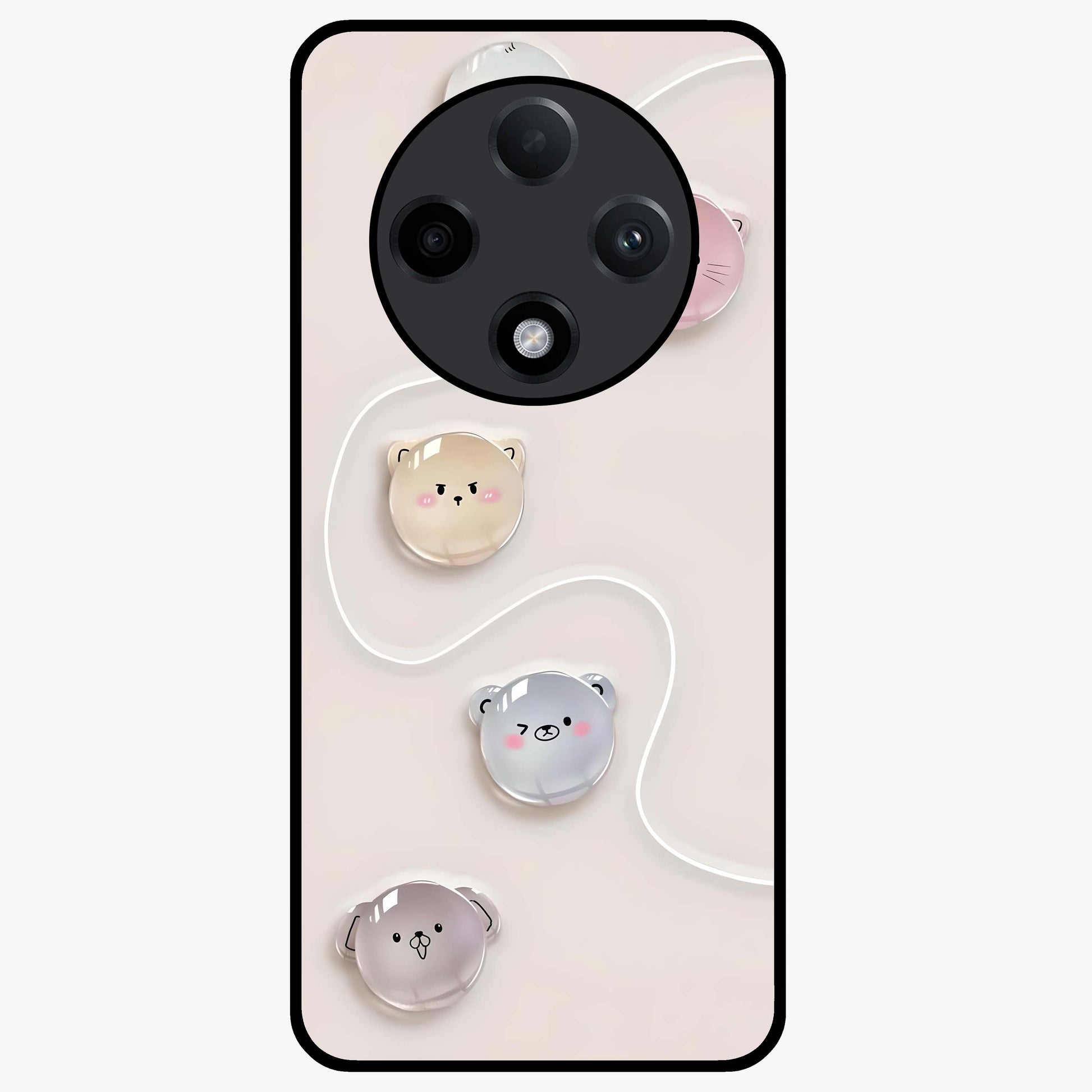 Puffy Face Parade Glass Case showing flat back view with cute puffy character faces artwork and glossy glass finish.