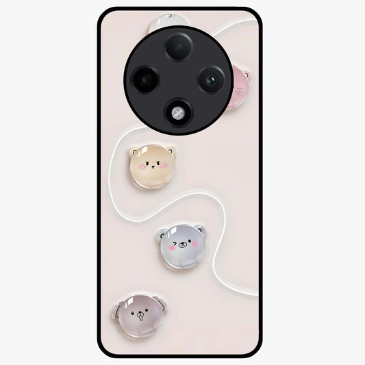 Puffy Face Parade Glass Case showing flat back view with cute puffy character faces artwork and glossy glass finish.