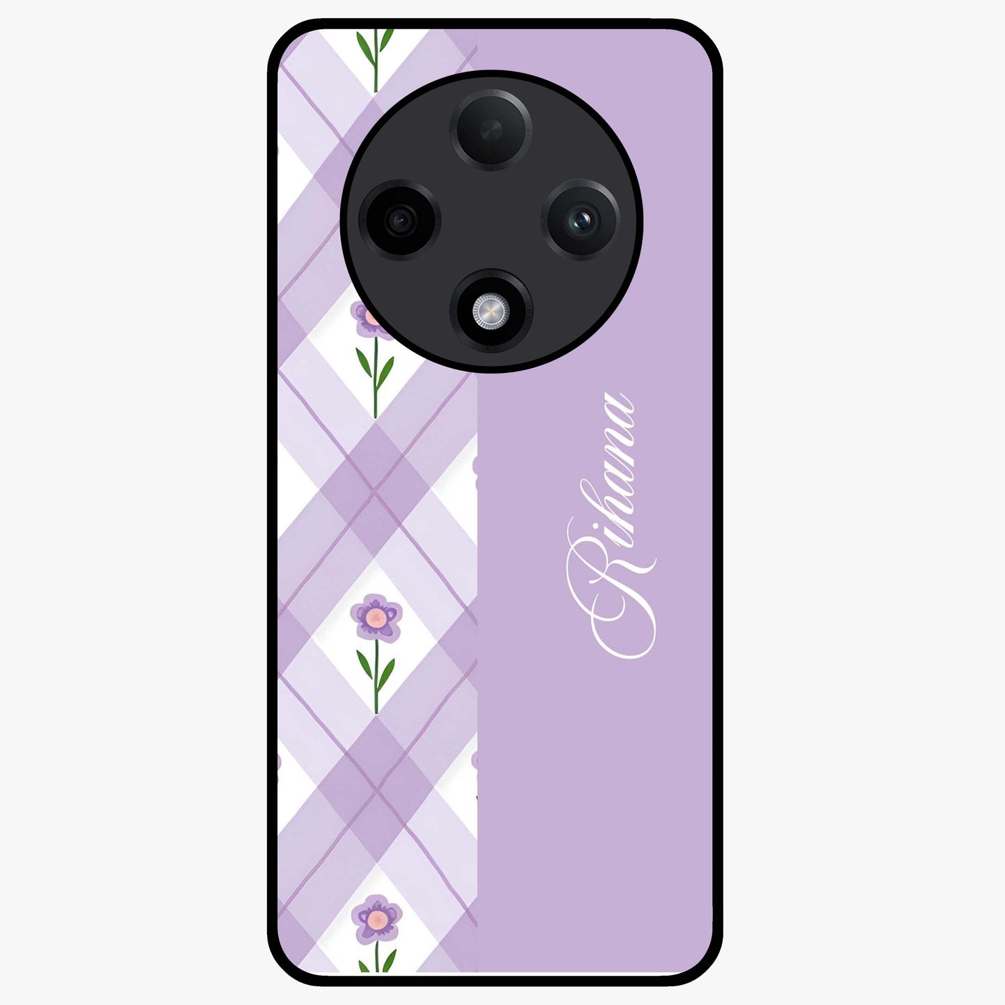 Purple Diamond Floral Glass Case showing flat back view with diamond shaped floral artwork and glossy glass finish.