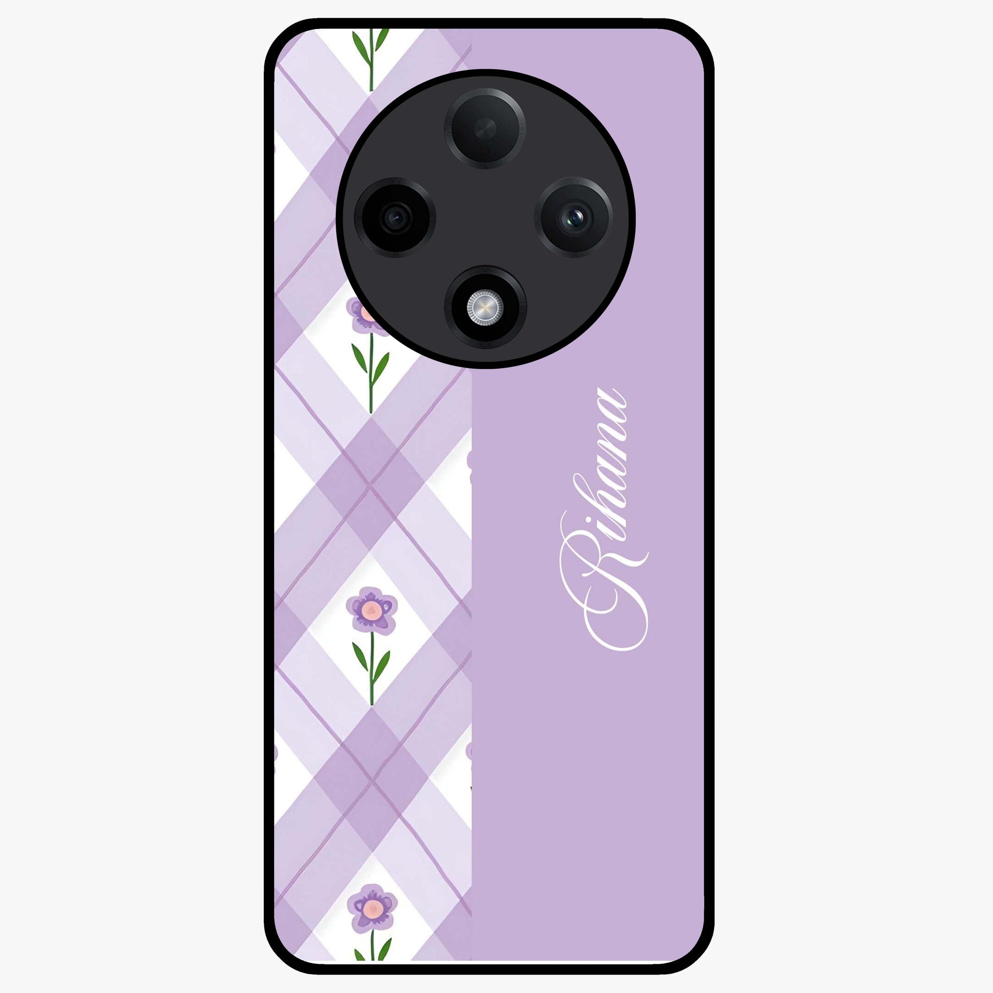 Purple Diamond Floral Glass Case showing flat back view with diamond shaped floral artwork and glossy glass finish.