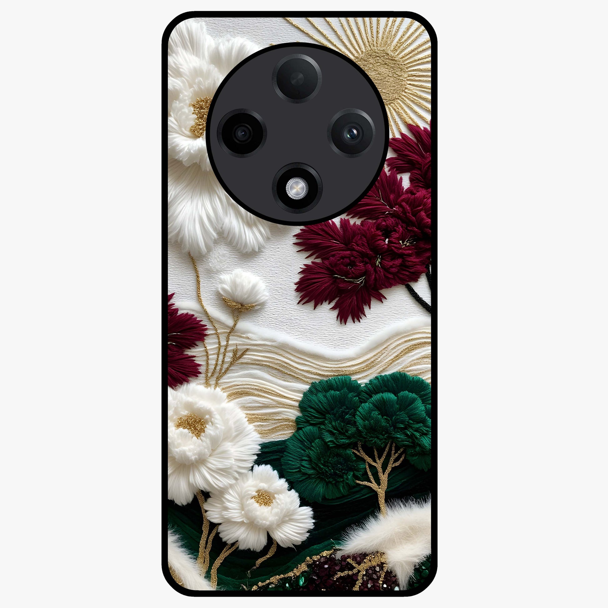 Radiant Bloom Elegance Glass Case showing flat back view with elegant blooming flower artwork and glossy glass finish.
