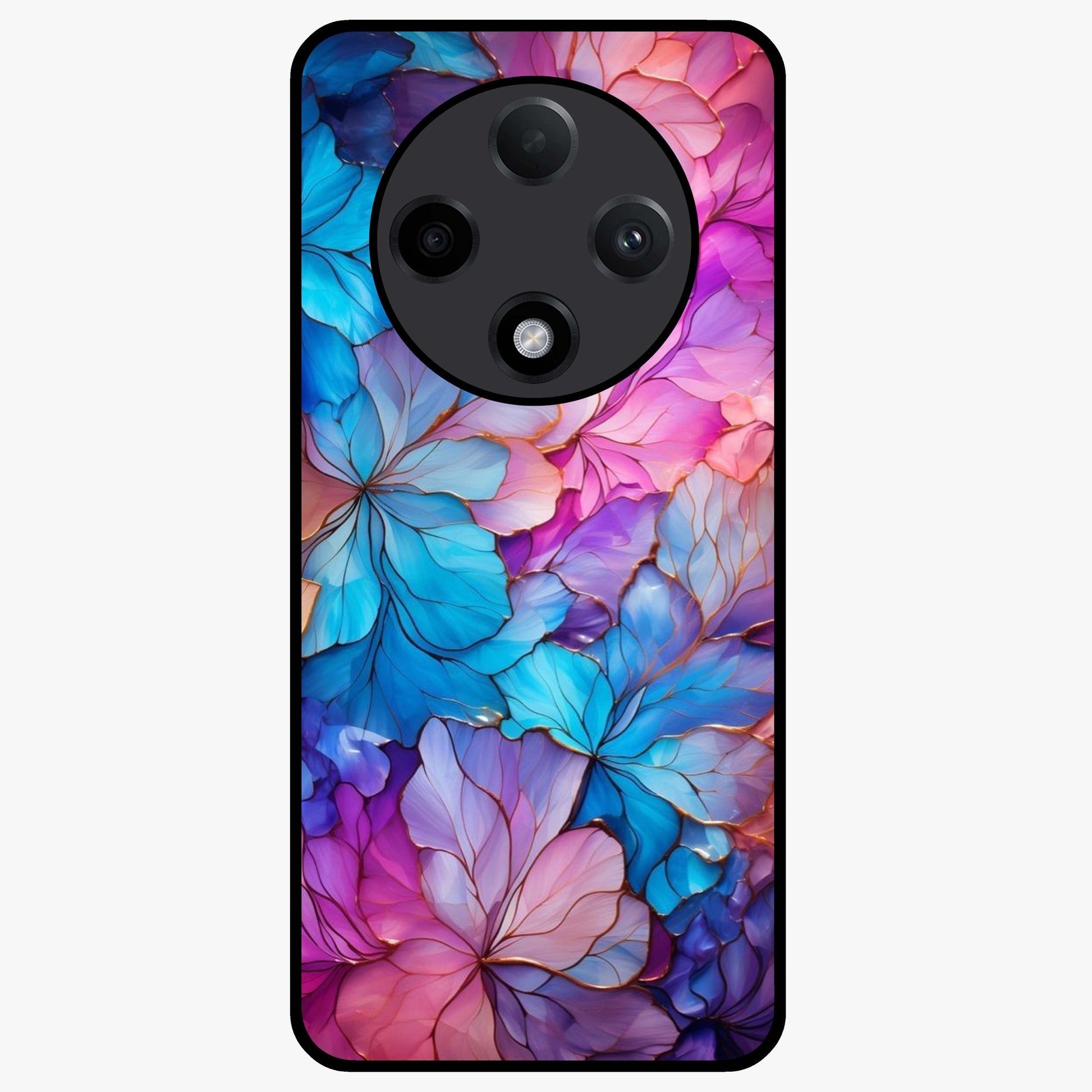 Radiant Floral Whirl Glass Case showing flat back view with swirling floral artwork and glossy glass finish.