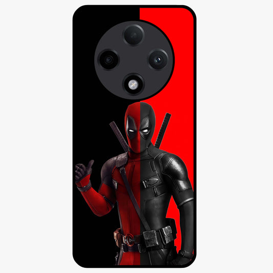 Red & Black Deadpool Theme Glass Case showing flat back view with bold comic inspired artwork and glossy glass finish.