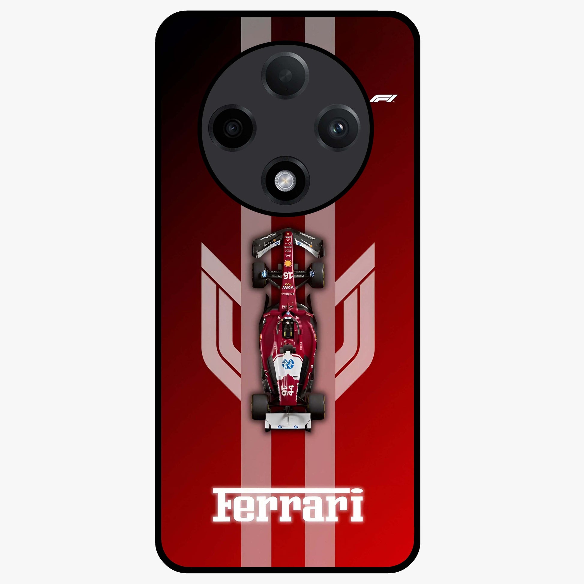 Red Ferrari F1 Vertical Glass Case showing flat back view with sleek Formula racing car artwork and glossy glass finish.