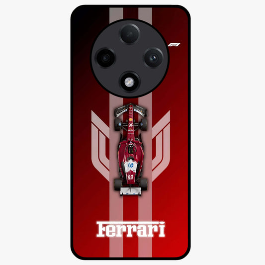 Red Ferrari F1 Vertical Glass Case showing flat back view with sleek Formula racing car artwork and glossy glass finish.