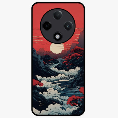 Red Sunset Scenery Glass Case showing flat back view with vibrant sunset landscape artwork and glossy glass finish.