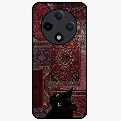 Regal Magic Cat Apple Glass Case showing flat back view with magical cat artwork holding apple and glossy glass finish.
