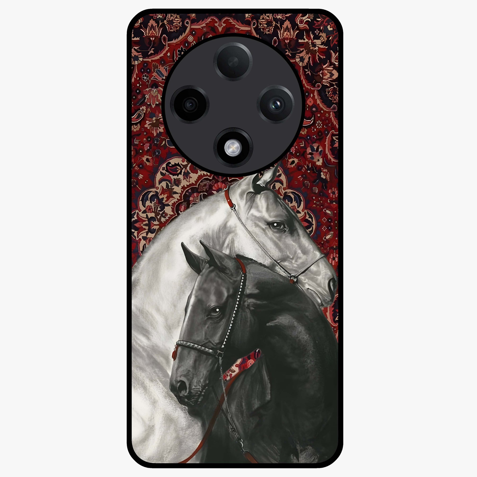 Regal Stallion Tapestry Glass Case showing flat back view with majestic horse tapestry artwork and glossy glass finish.