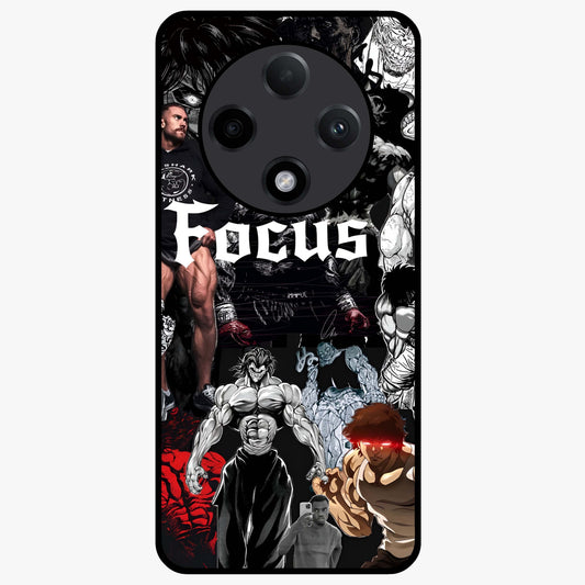 Relentless Power Focus Glass Case showing flat back view with motivational typography artwork and glossy glass finish.