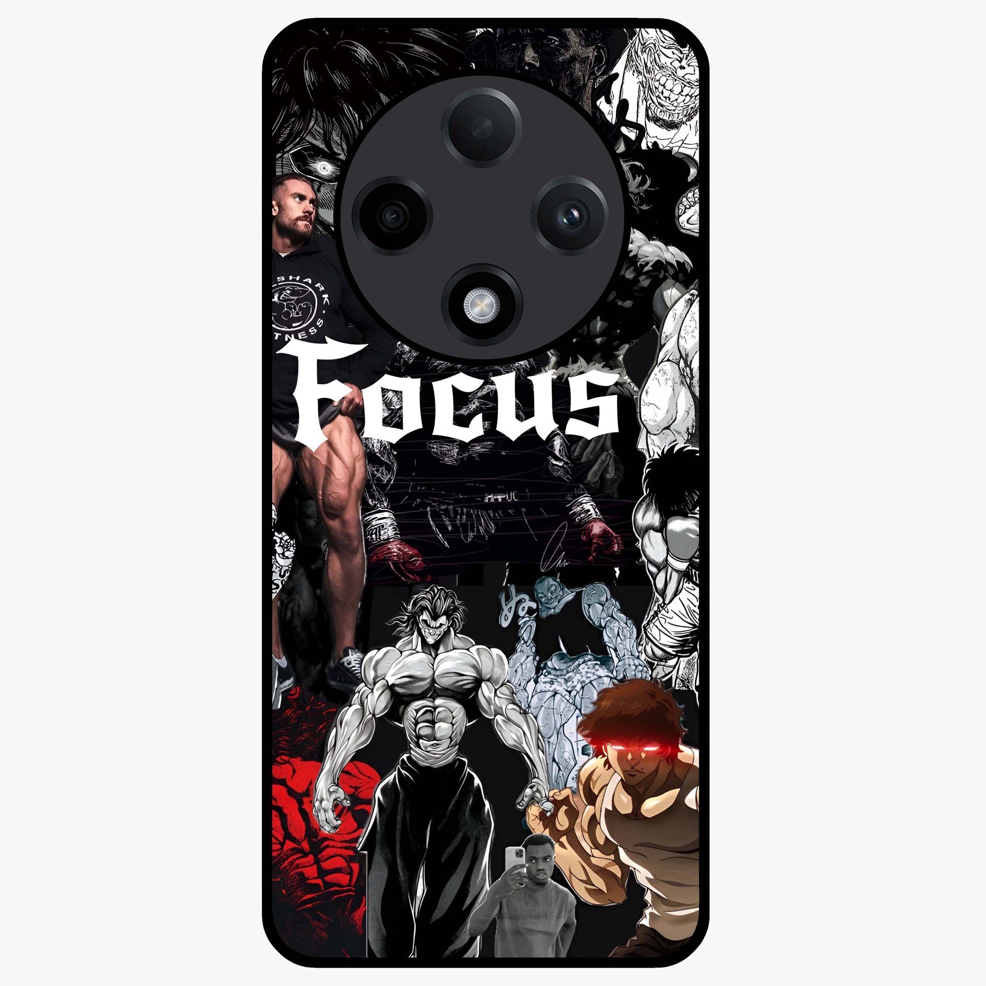 Relentless Power Focus Glass Case showing flat back view with motivational typography artwork and glossy glass finish.