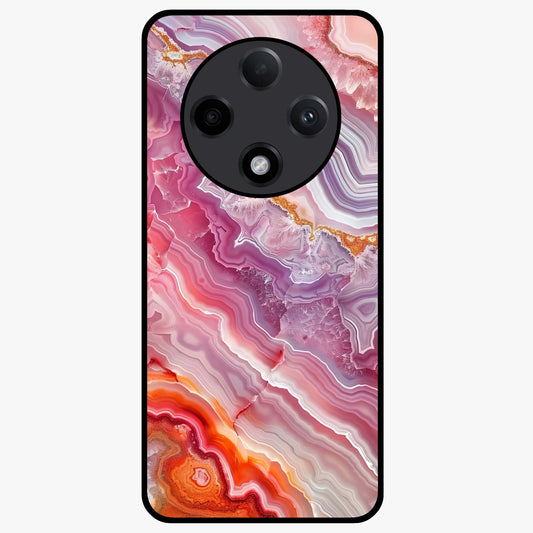 Rose Quartz Marble Glass Case showing flat back view with pink marble quartz texture artwork and glossy glass finish.