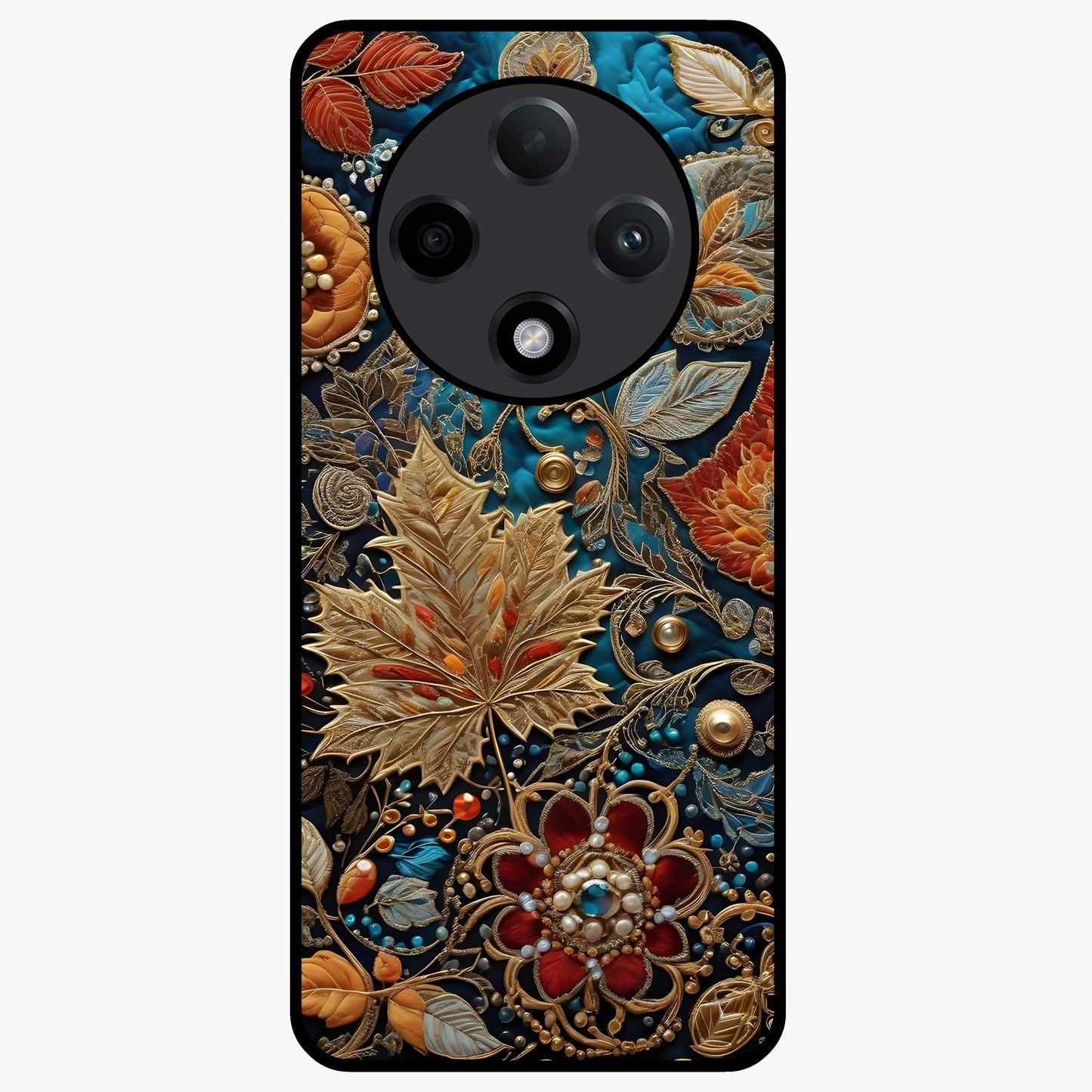 Royal Jewel Garden Glass Case showing flat back view with decorative floral garden artwork and glossy glass finish.