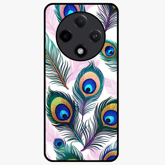 Royal Peacock Feathers Glass Case showing flat back view with colorful peacock feather artwork and glossy glass finish.