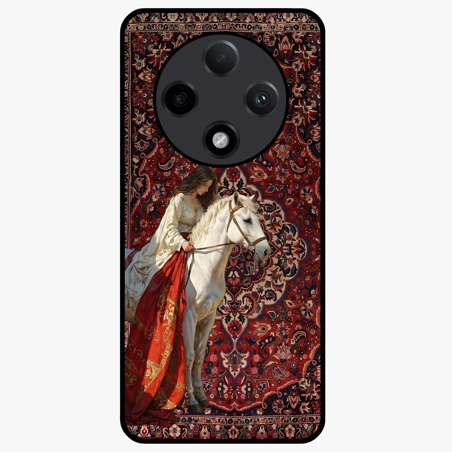 Royal Rider Tapestry Glass Case showing flat back view with majestic horse rider tapestry artwork and glossy glass finish.