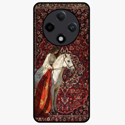 Royal Rider Tapestry Glass Case showing flat back view with majestic horse rider tapestry artwork and glossy glass finish.
