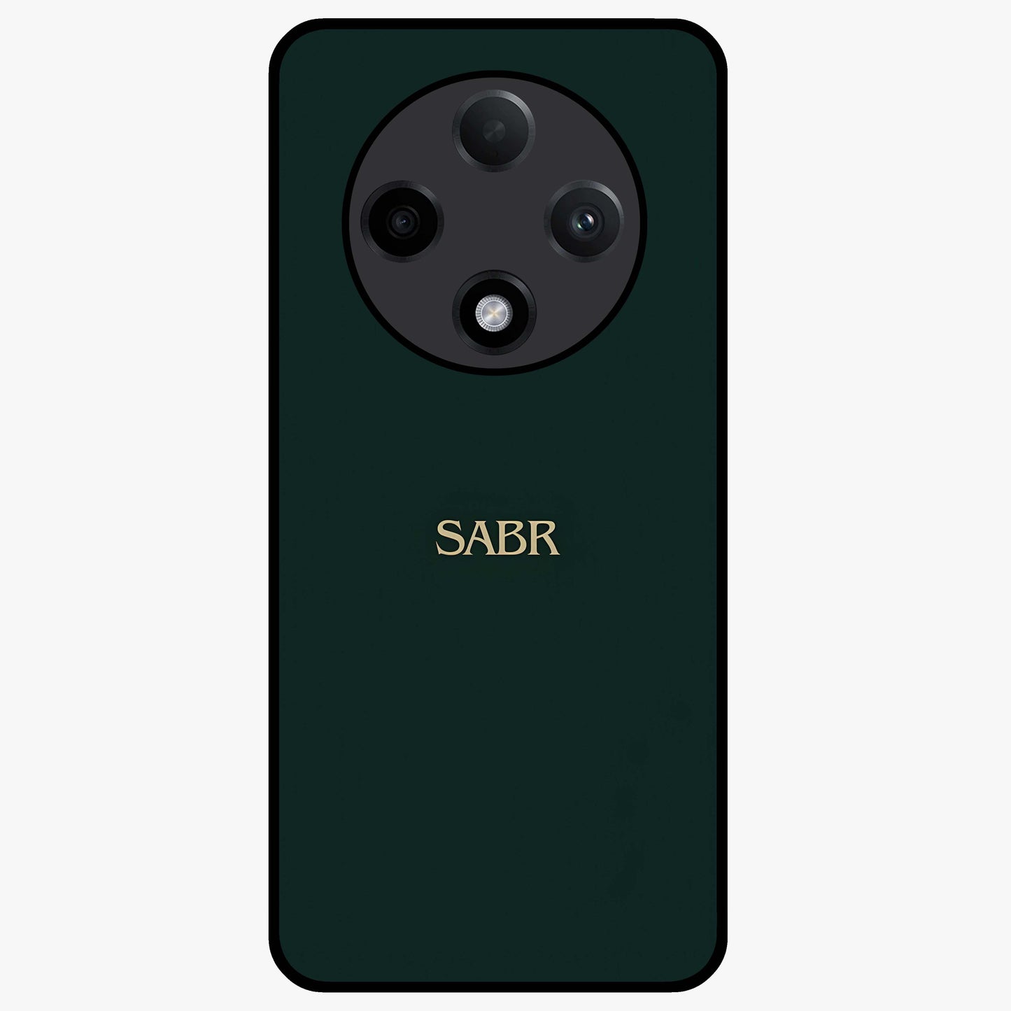 Sabr Minimal Patience Glass Case showing flat back view with minimalist typography artwork and glossy glass finish.