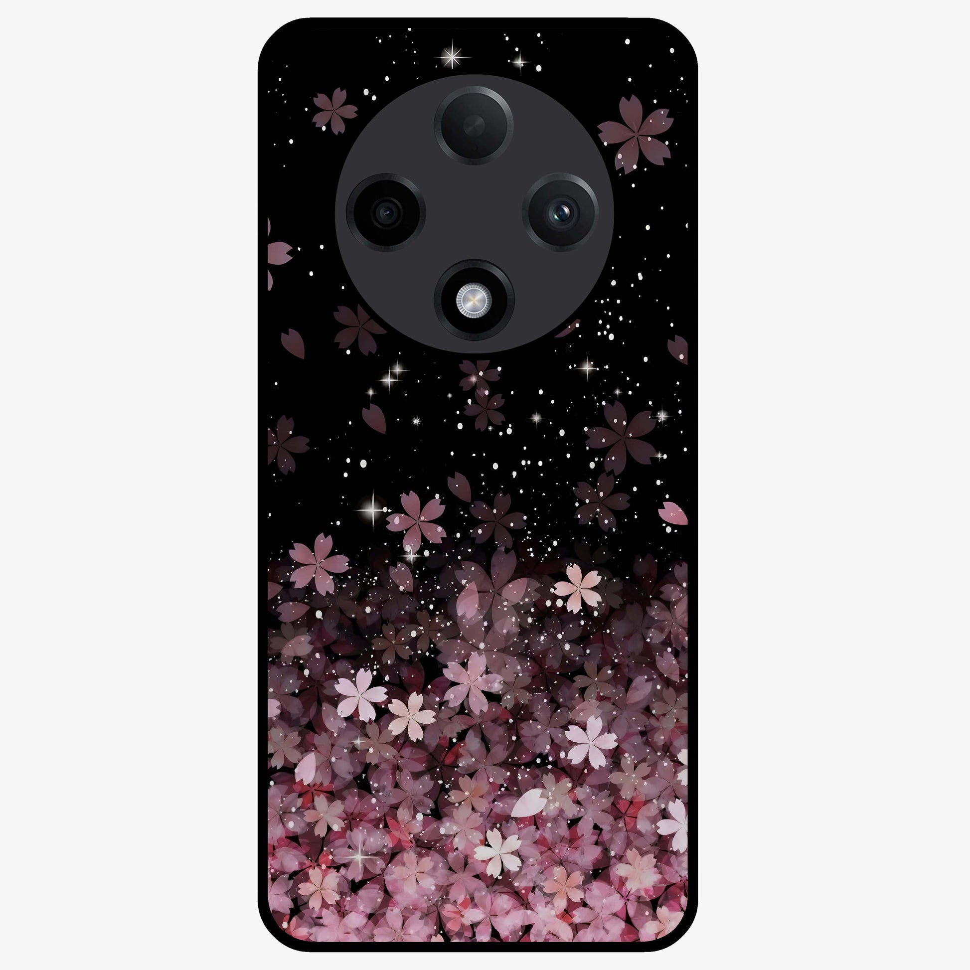 Small Starry Flowers Glass Case showing flat back view with delicate starry floral artwork and glossy glass finish.