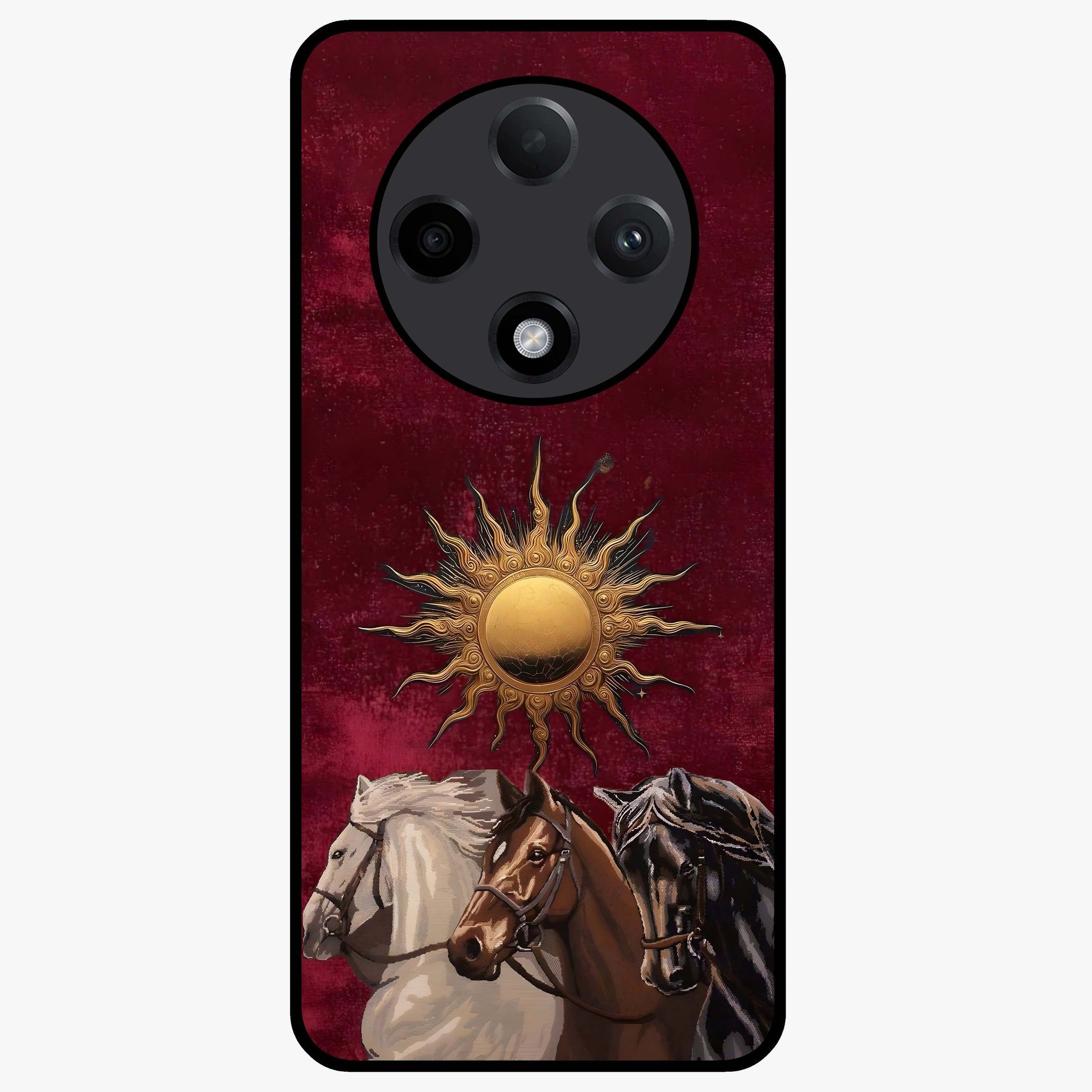 Solar Riders Glass Case showing flat back view with dynamic rider themed artwork and glossy glass finish.