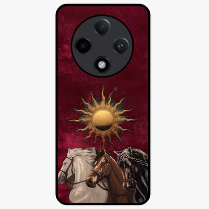 Solar Riders Glass Case showing flat back view with dynamic rider themed artwork and glossy glass finish.