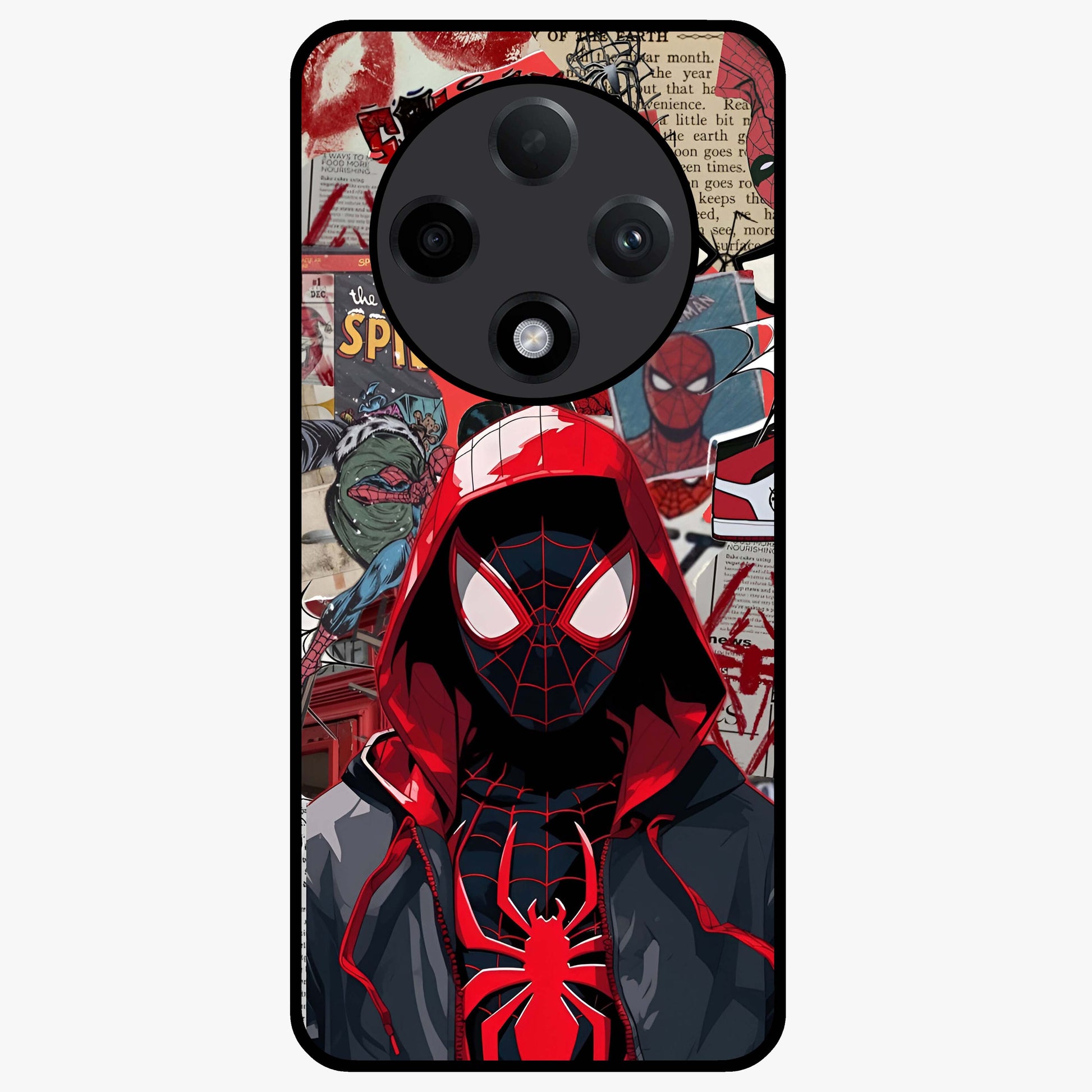 Spider Collage Street Glass Case showing flat back view with vibrant superhero collage artwork and glossy glass finish.