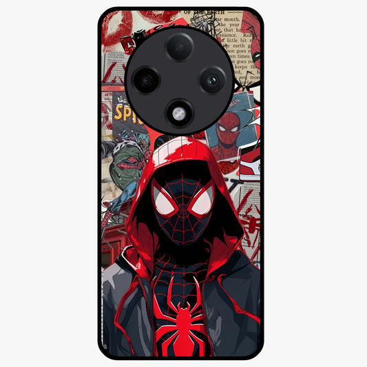 Spider Collage Street Glass Case showing flat back view with vibrant superhero collage artwork and glossy glass finish.