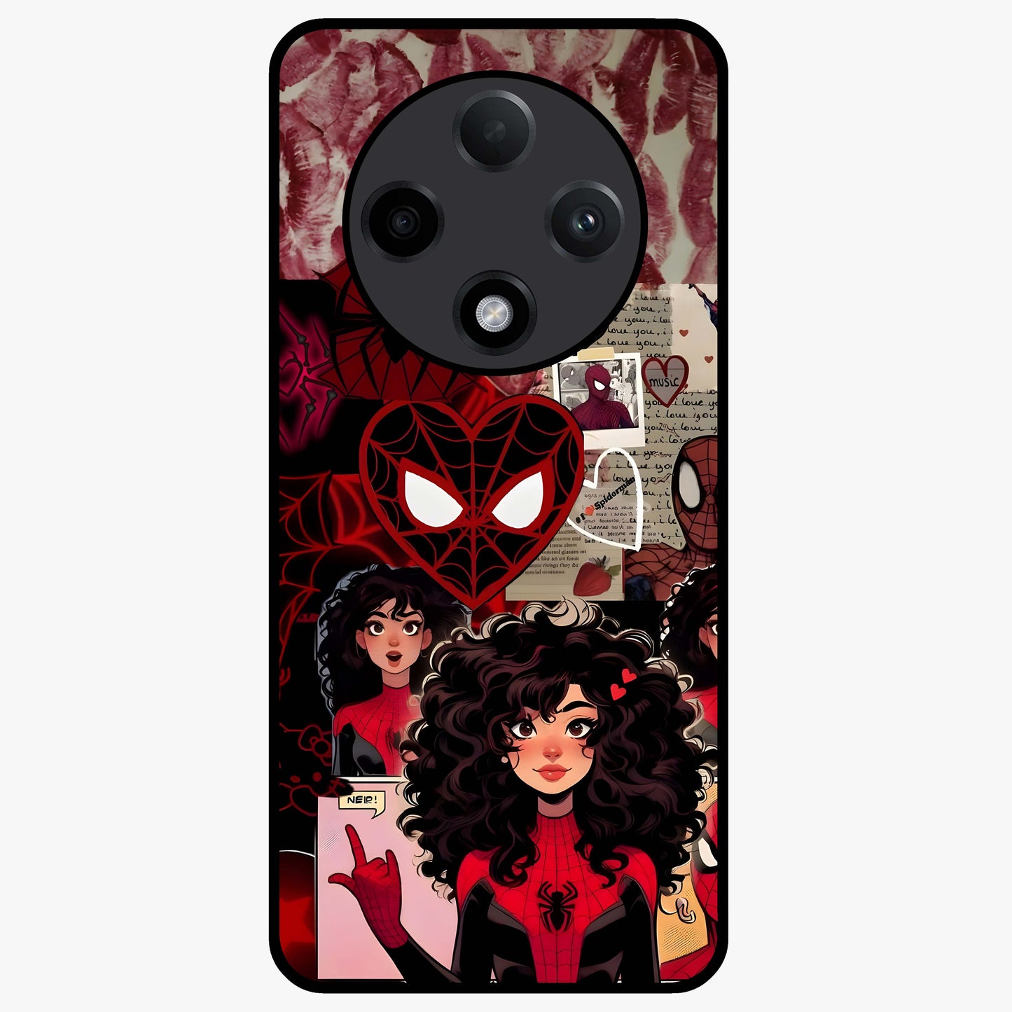 Spider Love Story Glass Case showing flat back view with romantic superhero themed artwork and glossy glass finish.