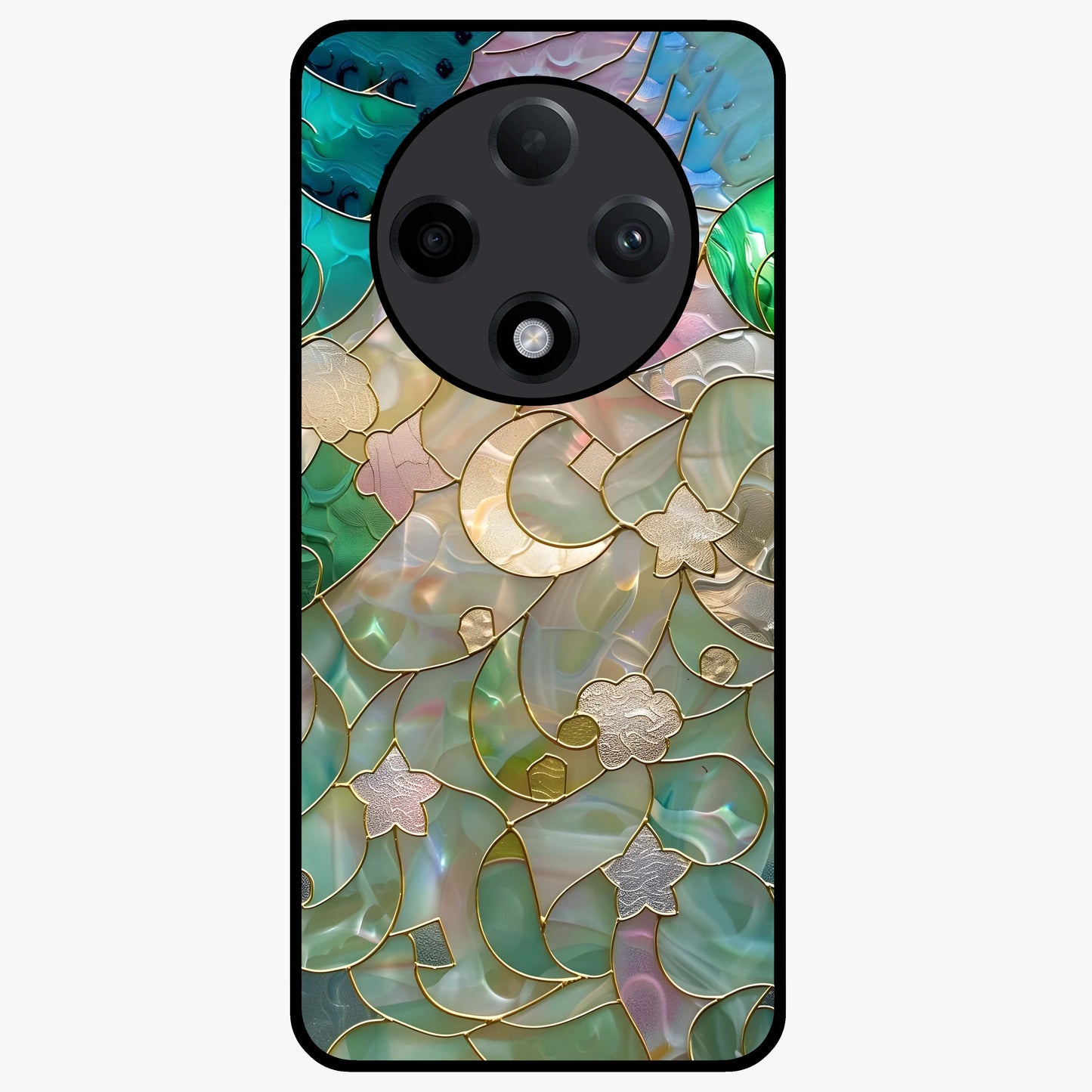 Stained Sunrise Glow Glass Case showing flat back view with glowing sunrise stained pattern artwork and glossy glass finish.