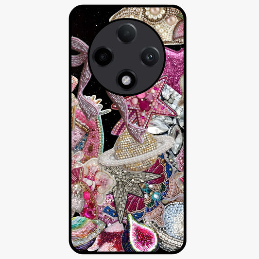Starlit Jewel Dream Glass Case showing flat back view with sparkling jewel and star themed artwork and glossy glass finish.
