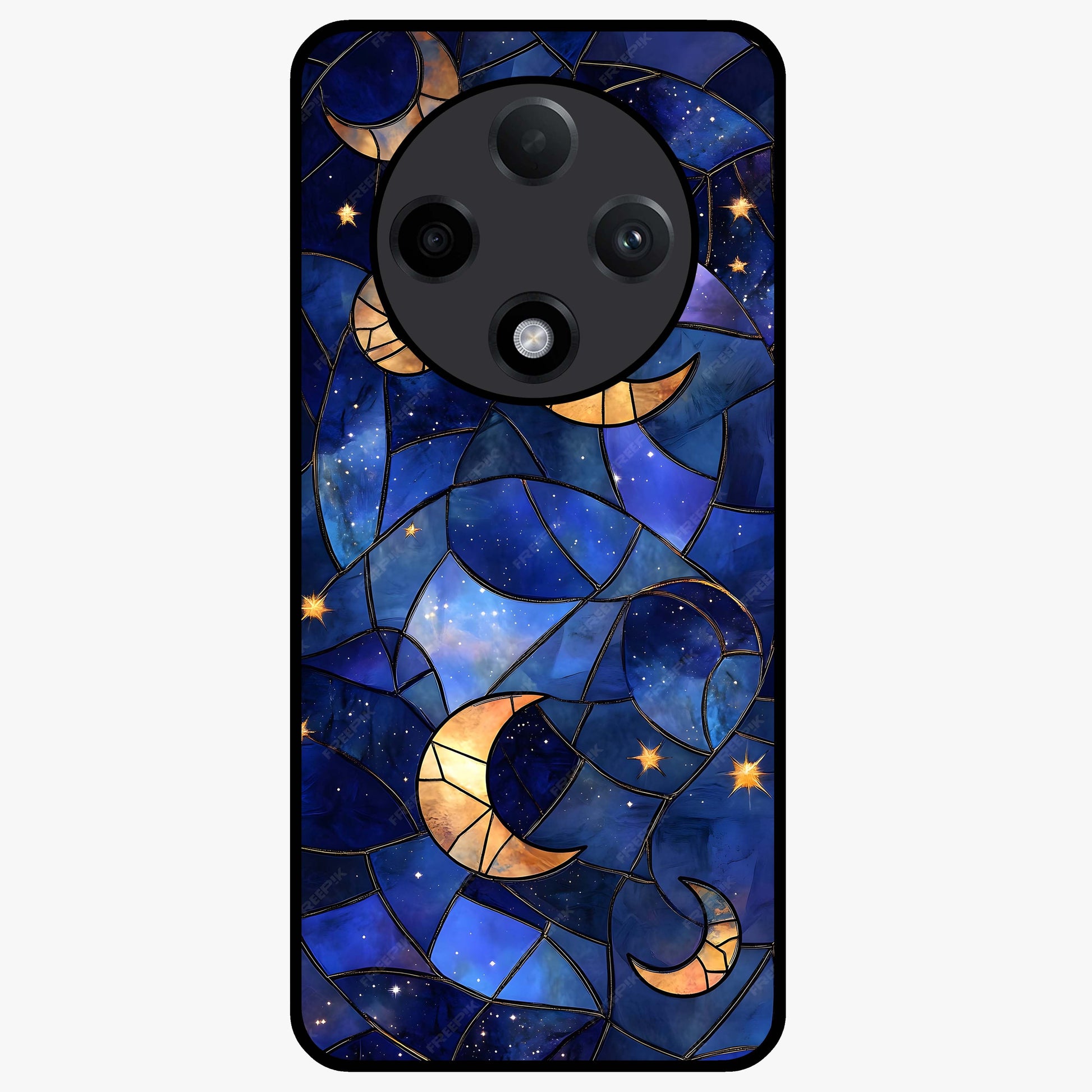 Starlit Sky Tapestry Glass Case showing flat back view with decorative starry sky tapestry artwork and glossy glass finish.