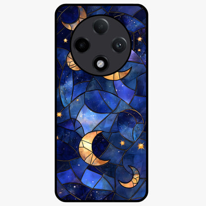 Starlit Sky Tapestry Glass Case showing flat back view with decorative starry sky tapestry artwork and glossy glass finish.