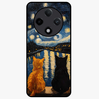 Starry River Cats Glass Case showing flat back view with cats by a starry river artwork and glossy glass finish.