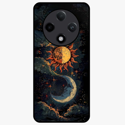 Sun And Moon Magic Design Glass Case showing flat back view with mystical sun and moon artwork and glossy glass finish.