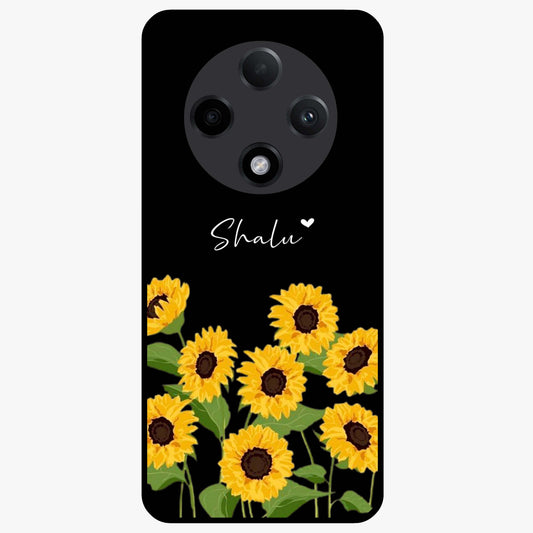 Sunflower Chic Mood Custom Name Glass Case showing flat back view with stylish sunflower artwork and personalized name design.
