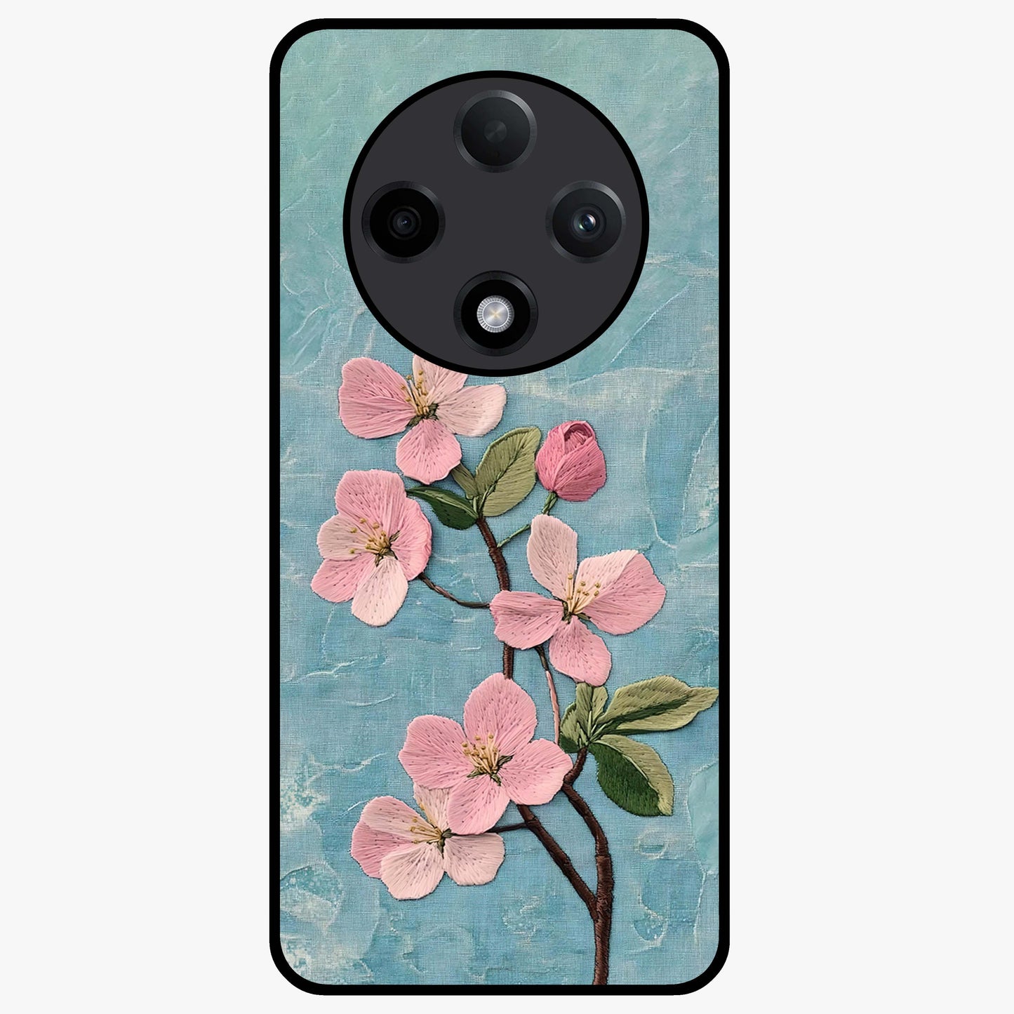 Threaded Blossom Breeze Glass Case showing flat back view with delicate blossom artwork and glossy glass finish.