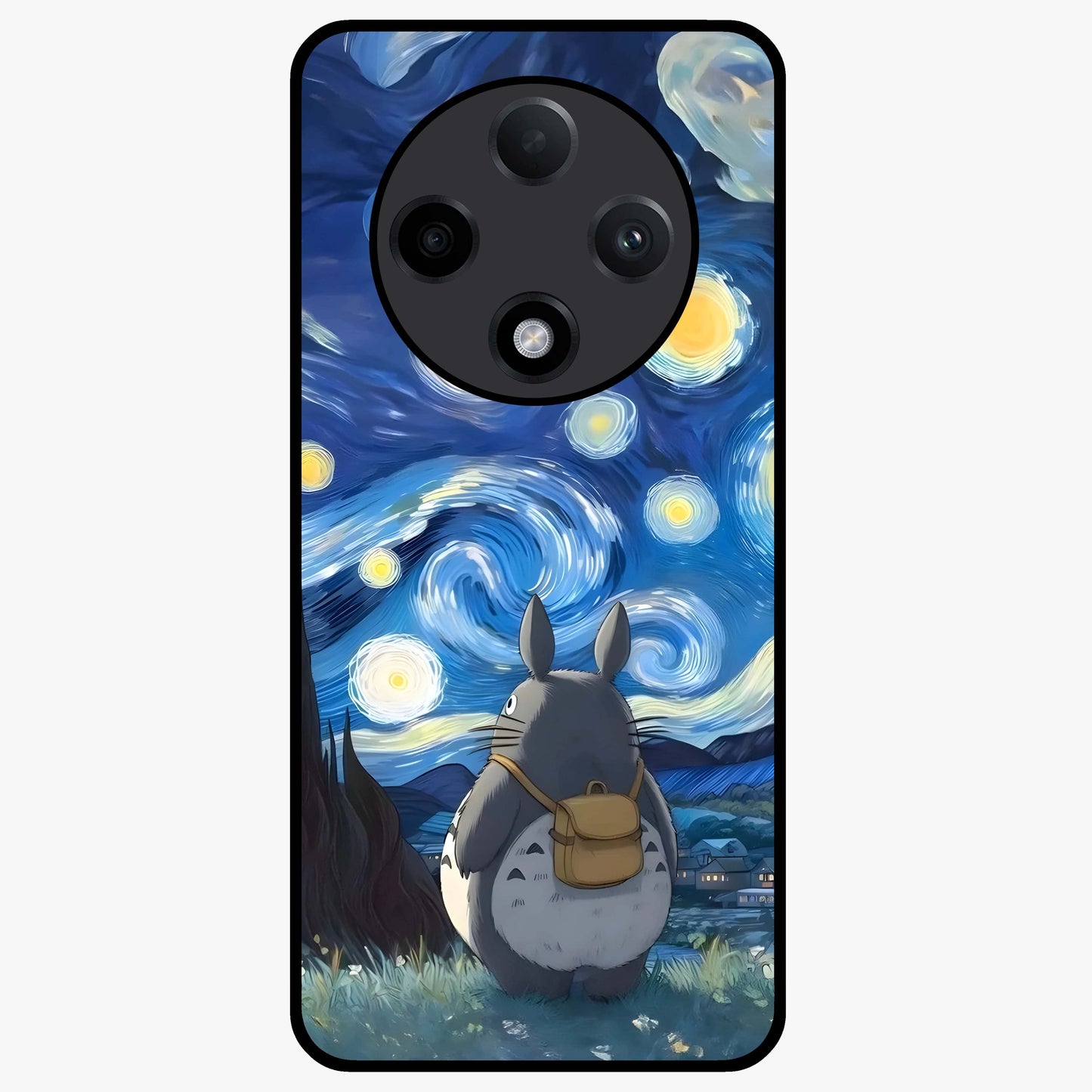 Totoro In Van Gogh Art Glass Case showing flat back view with whimsical character artwork inspired by Van Gogh style and glossy glass finish.