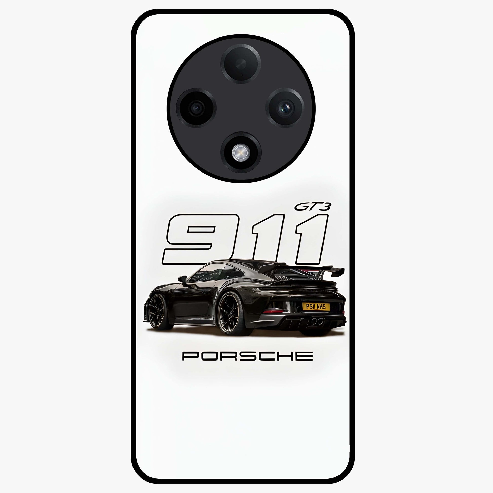 Turbo Legacy Icon Glass Case showing flat back view with iconic sports car inspired artwork and glossy glass finish.