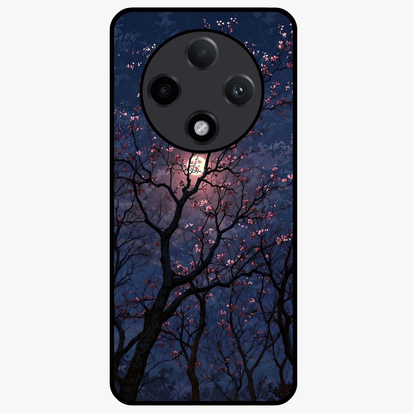 Twilight Sakura Serenade Glass Case showing flat back view with cherry blossom artwork at twilight and glossy glass finish.