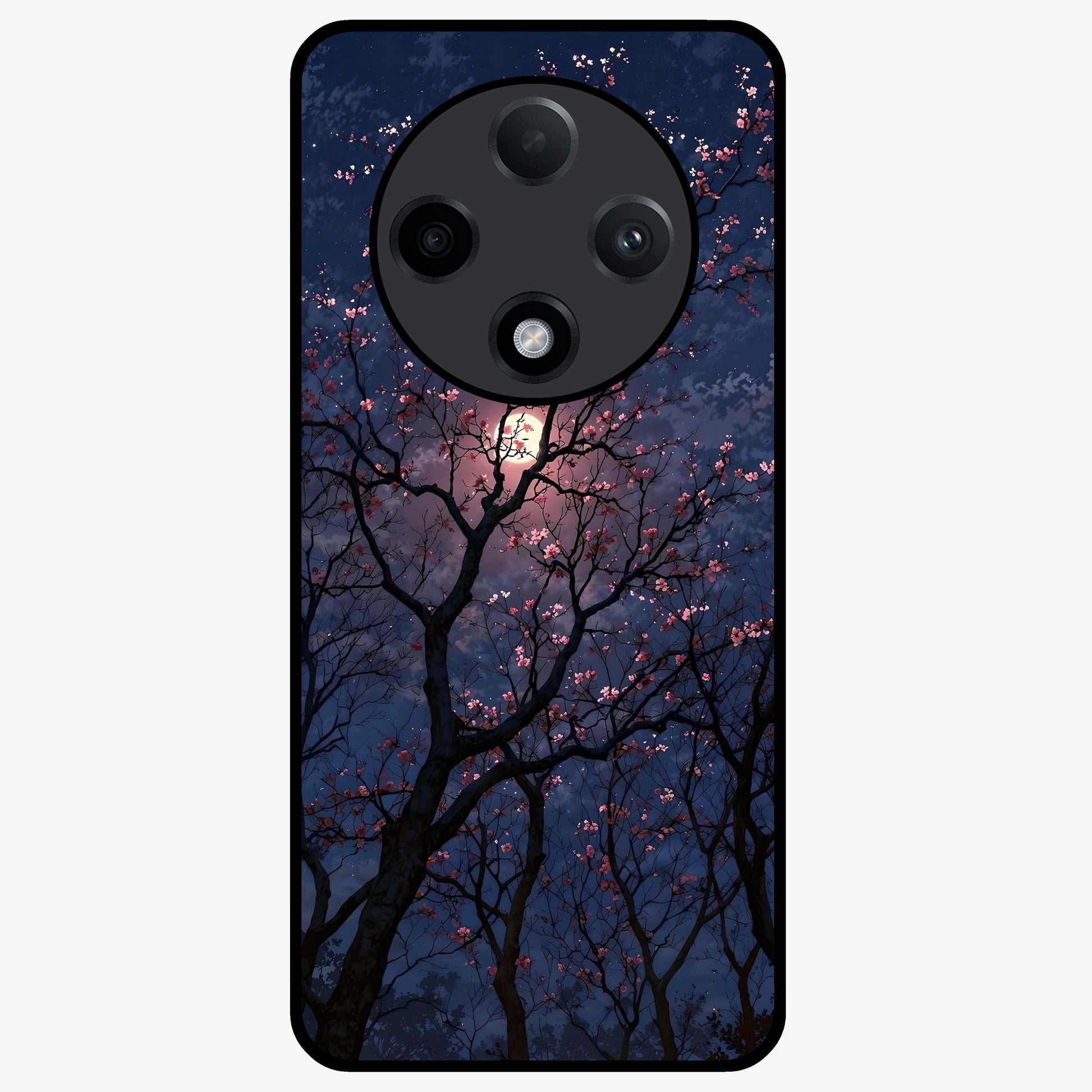 Twilight Sakura Serenade Glass Case showing flat back view with cherry blossom artwork at twilight and glossy glass finish.